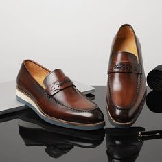 Elevate your formal attire with our Distinguished Leather Exotic Business Wedding Slip-On Loafers. Crafted with genuine leather, these loafers exude sophistication and class. Upgrade your shoe collection with these exquisite leather loafers that effortlessly combine style and comfort. Shop now and step into elegance. Formal Attire, Casual Everyday, Travel Backpack, Leather Loafers, Polished Look, Solid Pattern, Signature Style, Shoe Collection, Accessories Shop