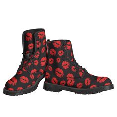 Embrace your inner free spirit with these vibrant and stylish hippie Leather Lightweight Boots. Featuring a unique black and red lips pattern print, these boots are perfect for making a statement and adding a pop of color to any outfit. Made with high-quality, durable leather, these boots are both comfortable and long-lasting. The lightweight design makes them easy to wear all day long, while the trendy pattern adds a fun and playful touch to your look. Whether you're heading to a music festival Black And Red Lips, Red Patten Leather Boots, Red And Black Platform Boots, Black Lace-up Boots With Red Sole, Western Style Red Leather Mid-calf Boots, Hippie Boots, Lightweight Boots, Red Lips, Free Spirit