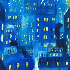 a painting of some buildings at night