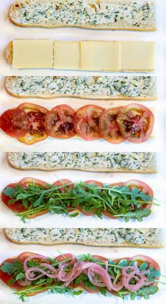 an assortment of sandwiches with different toppings on them