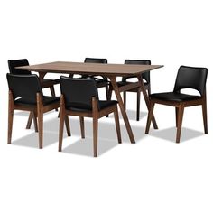 an image of a dining table and chairs set with black leather upholstered seats