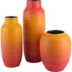 three vases are shown in different shades of orange and red, each with a black top