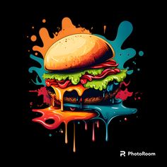 a hamburger covered in melted paint on a brown background