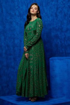 Emerald natural crepe dress with all over contrast bloom print, side attached panels, contrast metallic zari and sequin hand embroidered yoke. - Aza Fashions Gown For Women, Crepe Dress, Aza Fashion, Emerald Green, Hand Embroidered, Sequin, Emerald, For Women, Green