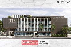 an architectural rendering of a modern building with trees in the foreground and text that reads, shp 007