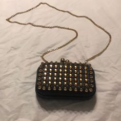 New Street Level Gold Studded Black Clutch Crossbody Purse From Nordstrom’s Removable Gold Chain Strap Bag Is New But Has Minor Damage On The Bottom See Pics Elegant Black Bag For Going Out, Trendy Black Bag For Going Out, Black Crossbody Clutch For Night Out, Chain Strap Bag, Strap Bag, Black Clutch, Women Street, Crossbody Purse, Gold Studs