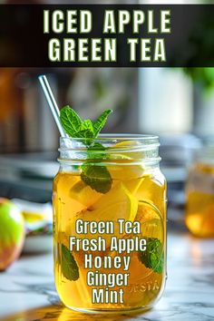 an iced apple green tea in a mason jar