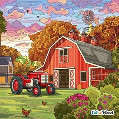 a farm scene with an old red tractor in front of a barn and chickens on the grass