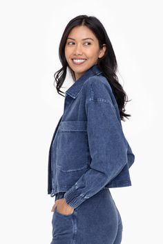 Soft and stretchy, this boxy cropped jacket is made with a mineral wash Terry to give the look of denim but with none of the discomfort! It features oversized chest pockets, a full front zip, a collar detail, and elastic sleeve cuffs.Ericka, is 5'8", a size 4, and is wearing an S96% cotton, 4% spandexFour-way stretchMade in China Oversized Cropped Jacket With Pockets, Casual Cropped Utility Jacket With Pockets, Cropped Denim Blue Jacket With Pockets, Trendy Washed Utility Jacket, Trendy Relaxed Fit Cropped Jacket With Pockets, Oversized Cropped Jacket, Casual Style, Casual Washed Cropped Denim Jacket, Casual Cropped Washed Denim Jacket, Casual Dark Wash Cropped Cotton Jacket