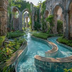 an outdoor swimming pool surrounded by greenery and arches