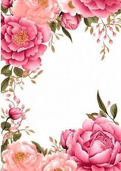 pink flowers are arranged in a square frame on a white background with green leaves and stems