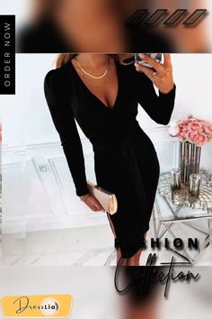 Autumn Deep V-neck Slim Dress Office Ladies Casual Long Sleeve Solid Dress Women Elegant Sexy Split Party Dress Vestidos Wrapped Skirt, Womens Sheath Dress, Dress Women Elegant, Goth Dress, Solid Color Dress, Khaki Dress, Fashion Elegant, Color Dress, Dresses By Length