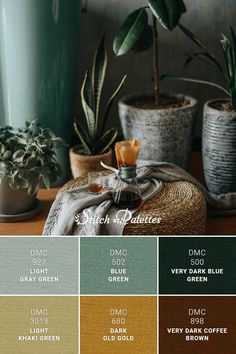 the color palette is green, brown, blue and white with some plants in pots