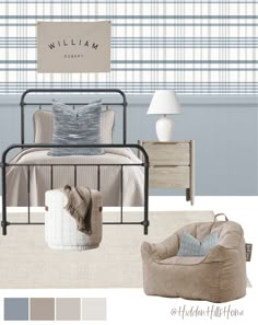 a bedroom with blue walls and plaid wallpaper on the walls is shown in neutral tones