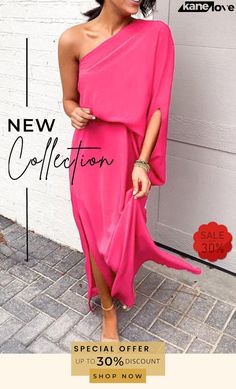 Chic Solid Oblique Shoulder Split Slim Dress Summer Cocktail Maxi Dress Solid Color, Solid Color Maxi Dress For Cocktail In Spring, Stretch Sheath Maxi Dress For Summer, Spring Cocktail Maxi Dress In Solid Color, Stretch Summer Cocktail Maxi Dress, Summer Cocktail Stretch Maxi Dress, Casual Pink One-shoulder Maxi Dress, Spring Solid Color One Shoulder Midi Dress, Spring Solid Color One-shoulder Midi Dress