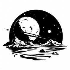 an image of the moon over water with mountains and stars in the sky behind it