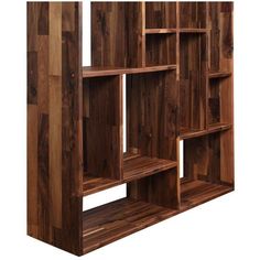 a wooden shelf with several shelves on each side and one section missing from the wall