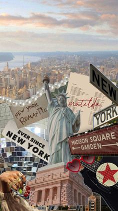 the statue of liberty is surrounded by many signs