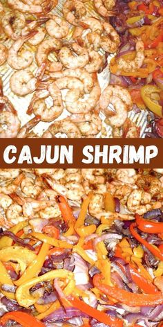 there are many different types of food on the grill and one is cooked with shrimp