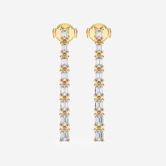 With wedding season around the corner, it is time for a statement-making pair of earrings now more than ever. Expertly cut emerald shaped lab grown diamonds hang elegantly in these dangle earrings. Yellow Gold Linear Earrings With Brilliant Cut For Wedding, Wedding Linear Earrings In Yellow Gold With Brilliant Cut, Timeless Baguette Cut Diamond Earrings For Wedding, Classic Prong Set Linear Earrings For Evening, Classic Evening Linear Earrings With Prong Setting, White Baguette Diamond Earrings For Formal Occasions, Timeless Baguette Cut Anniversary Earrings, Timeless Baguette Cut Earrings For Evening, Timeless Yellow Gold Baguette-cut Earrings