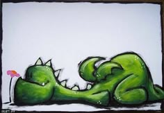 a drawing of two green alligators laying on the ground with their heads touching each other