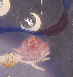 a woman's hand holding a pink flower in front of the moon and stars