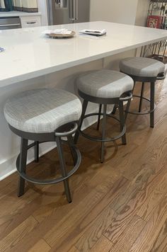 three stools sit at the center of a kitchen island