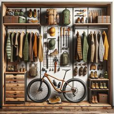 a bicycle is parked in front of an organized closet