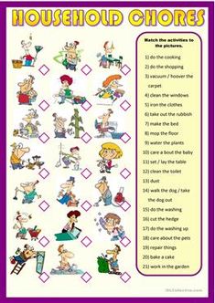 a poster with the words household chores written in english and spanish on it, along with pictures of people doing different things