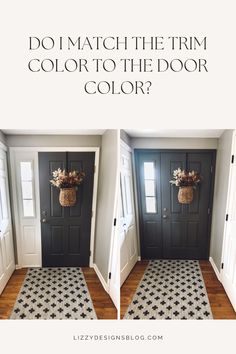 A dark gray door with the trim left white and one where the trim is painted to match Paint Interior Front Door Black, Black Interior Front Door White Trim, Paint Inside Front Door Entryway, Trim That Isnt White, Side Door Colors, Dark Front Door Interior, White Trim With Painted Doors, Painted Entry Doors, Inside Front Door Paint Ideas