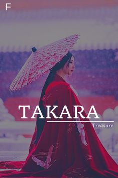 a woman wearing a red kimono and holding an umbrella with the words takara on it