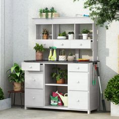 a potted plant sitting on top of a wooden shelf next to a white cabinet