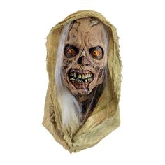 a creepy mask with white hair and yellow cloth covering it's face, on a black background