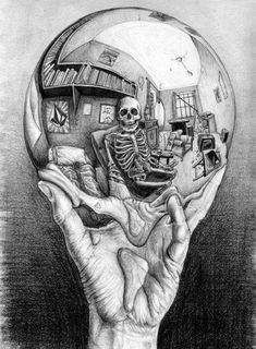 a drawing of a skeleton sitting in front of a glass ball with the image of a house inside it