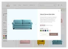 the website for furniture stores is displayed with different colors and sizes, including blue couches