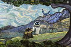 a painting of an astronaut and his dog sitting under a tree with mountains in the background