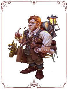 a drawing of a man in steampunk clothing holding a lantern and looking at the camera