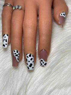 Nude nails with hand painted cow print nail art. Need help sizing your nails? Email me with custom orders including size, length, etc. at NewNailz@yahoo.com Cow Print Nail Art, Rodeo Nails, Cow Print Design, Print Nail Art