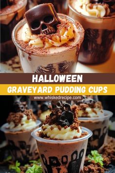 halloween graveyard pudding cups with whipped cream, chocolate and sprinkles in them