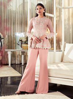 Ridhi Mehra-Senna Pink Embroidered Cape Set-INDIASPOPUP.COM Peplum Top With Pants Indian, Peplum Top With Plazo, Plazo Pants Design Western, A Line Plazo Designs, Peplum With Plazo, Ethnic Coord Sets For Women, Peplum Top Outfits Indian, Plazo Outfits, Peplum Pants