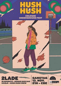 the poster for hush hush's upcoming album, underground fest is shown in front of a basketball court