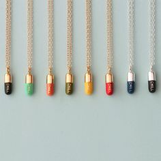 Our Chill Pill Necklace brings an instant calm when you're stuck in traffic or your dog got into the trash or you just want to tell the person in front of you at the grocery store to chill out on their cell phone. These beauties are made to last a lifetime of CHILLAXING.  Charm measures 0. 2 x 0. 7 inches.  Available in a variety of colored enamel.  18K gold vermeil or sterling silver charm with gold-filled or sterling silver chain. Adjustable length of 16-18 inches. Our goal is to make jewelry Pill Necklace, Mini Knife, Insta Profile, Chill Pill, Charm Necklace Silver, Enamel Necklaces, Charm Necklaces, Cute Necklace, Mens Jewelry Bracelet