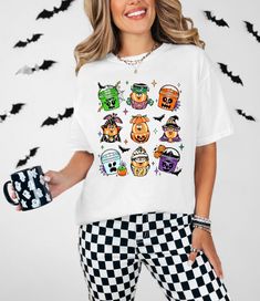 This tee is comfy, cozy and the perfect addition to your Halloween merch collection! With each wash these shirts get softer! If you want an oversized look, Size up - Tees are unisex. Design is DTF TRANSFERED onto product. Instructions will be included with every order. Fall White T-shirt For Loungewear, Casual T-shirt With Character Print For Loungewear, White Cartoon Print T-shirt For Loungewear, Casual Character Print T-shirt For Loungewear, Oversized White T-shirt For Halloween, White T-shirt With Character Print For Fall, White Character Print T-shirt For Fall, Halloween Nuggets, Halloween Merch