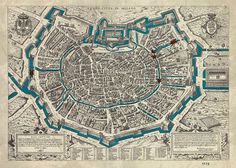 an old map of the city of paris in blue and red, with lots of buildings