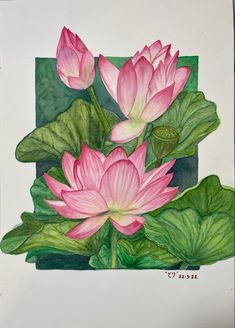 watercolor painting of pink flowers and green leaves