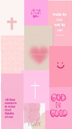 pink and white collage with the words jesus loves you