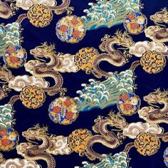 a blue background with gold and red dragon designs on it's sides, all in different colors