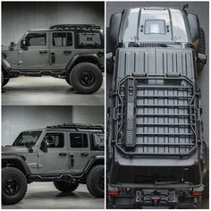 four different views of the front and back of a jeep with its grilles open