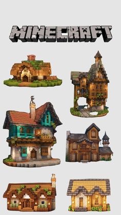 a bunch of houses that are in different styles and sizes with the words minecraft on them