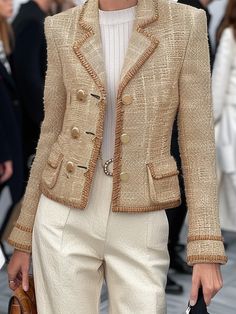 Daily Buckle Plain Urban Lapel Collar Tweed Blazer Jacket Long Tweed Jacket Outfit, Khaki Outfits For Women, Chanel Jacket Outfit, Chanel Jacket Trims, Jacket Over Dress, Tweed Jacket Outfit, Khakis Outfit, Classy Clothes, Casual Blazer Women